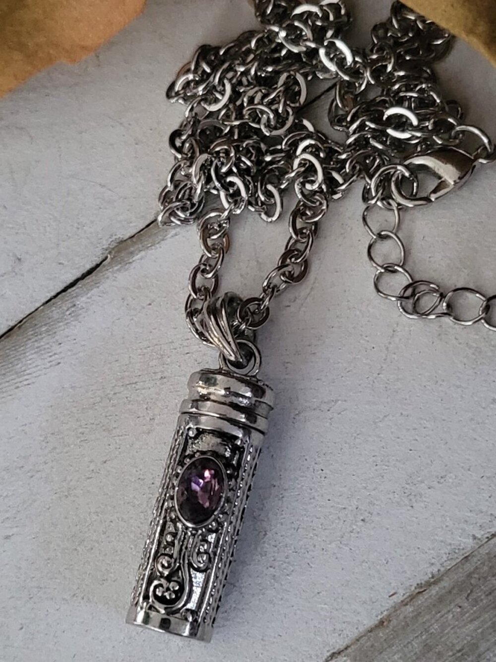 February Birthstone Amethyst Purple Crystal Cylinder Locket Pendant Necklace